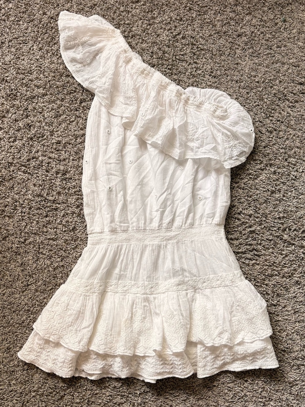 Joie Cotton One-Shoulder White Ruffle Tiered Mini Dress
